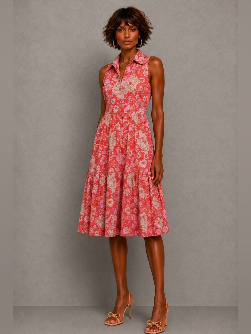 BOG COLLECTIVE Pink and Cream Floral Short Sleeves Maxi Tiered Dress  Small. NEW